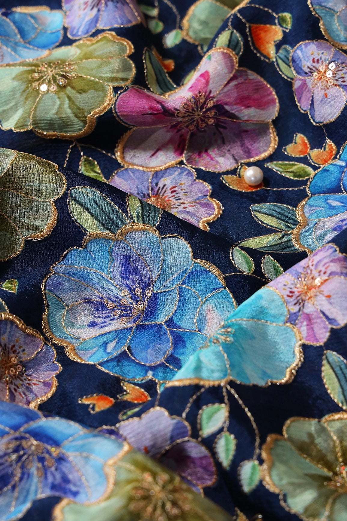 Floral Position Print On Sequins Embroidery Navy Blue Viscose Chinnon Chiffon Fabric