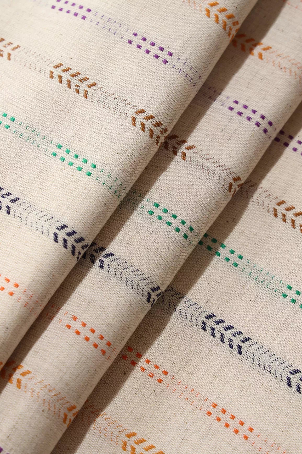 Multi Color Stripes Pattern On Off White Handwoven Organic Flex Cotton Fabric