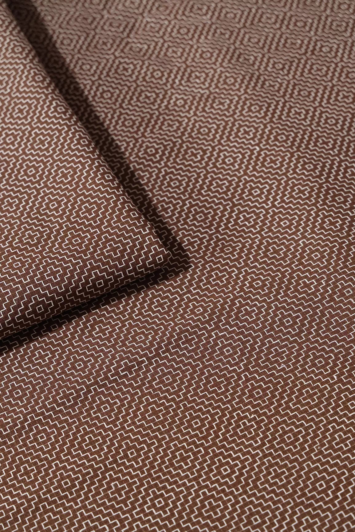 Brown And White Geometric Pattern Handwoven Organic Cotton Fabric