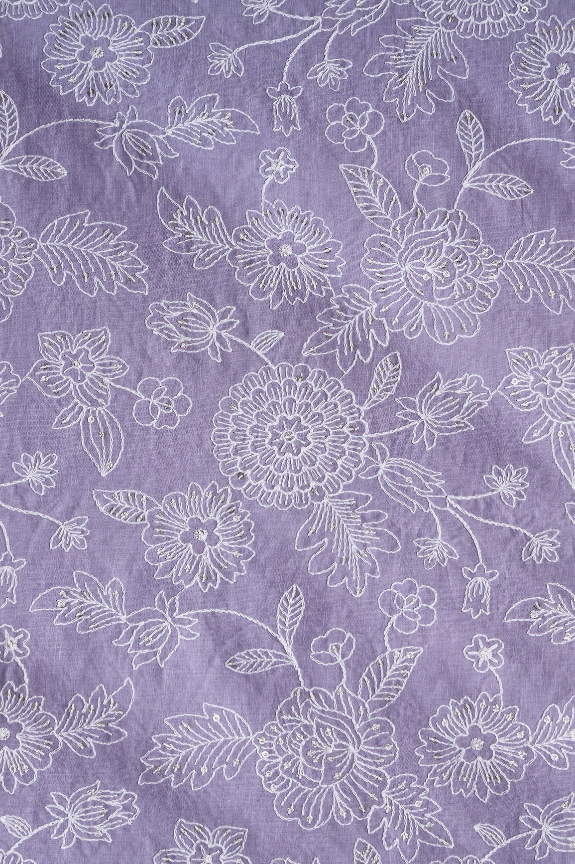 White Thread With Gold Sequins Heavy Floral Embroidery Work On Gray Purple Cotton Fabric