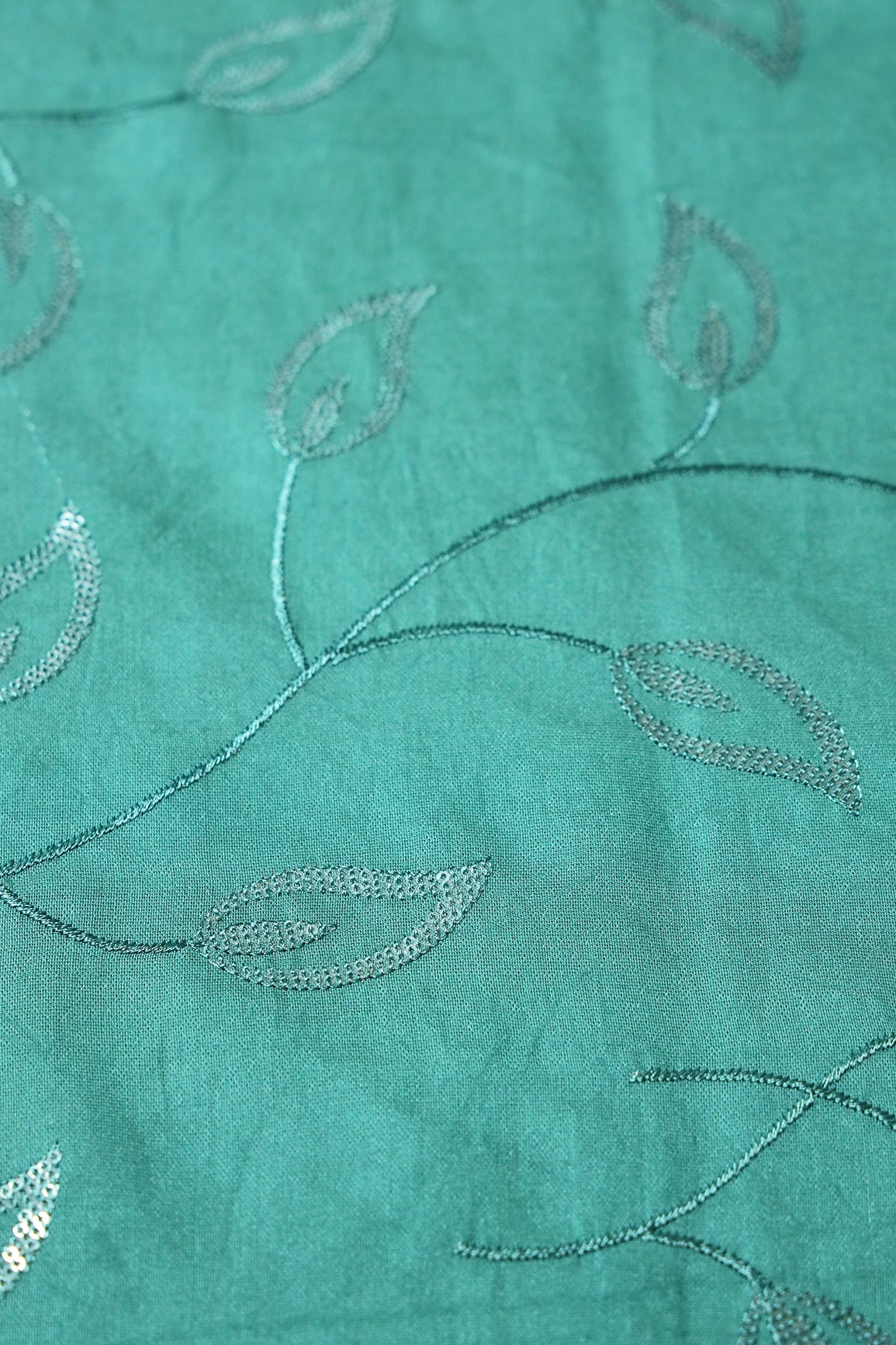 Beautiful Water Sequins Leafy Embroidery On Teal Pure Chanderi Silk Fabric
