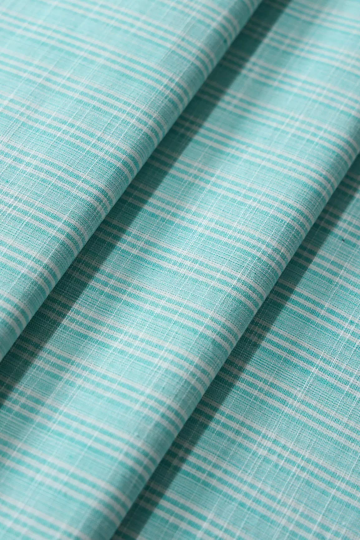Light Sky And White Stripes Pattern Handwoven Organic Cotton Fabric