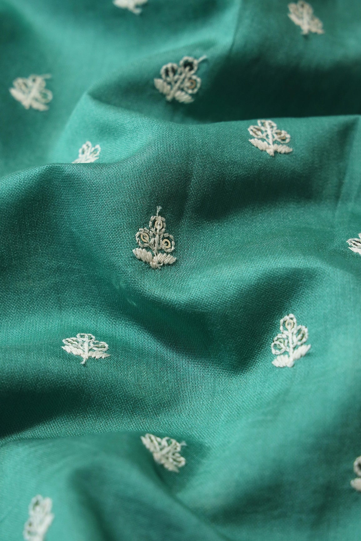 White Thread With Gold Sequins Small Floral Booti Embroidery Work On Teal Pure Chanderi Silk Fabric