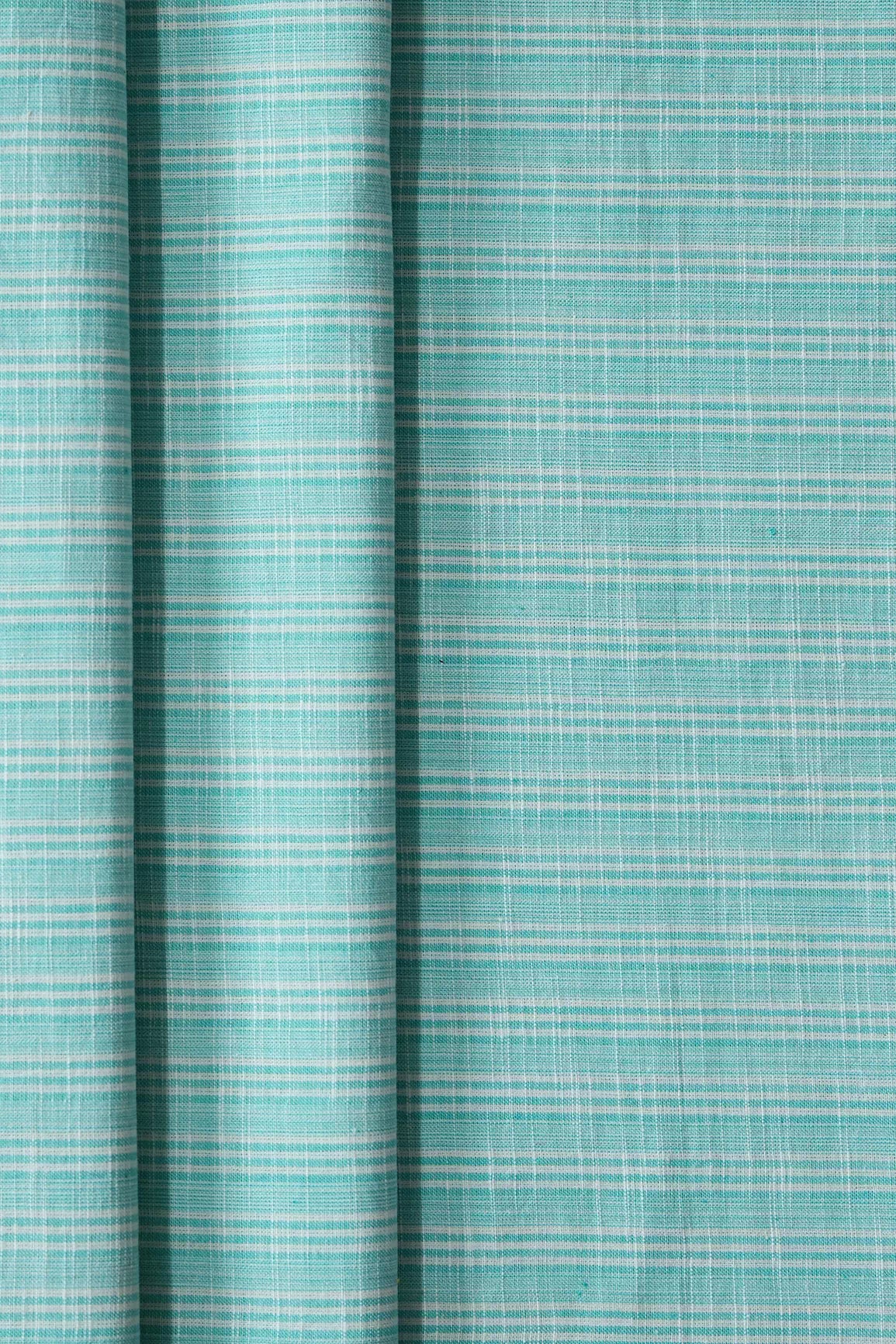 Light Sky And White Stripes Pattern Handwoven Organic Cotton Fabric