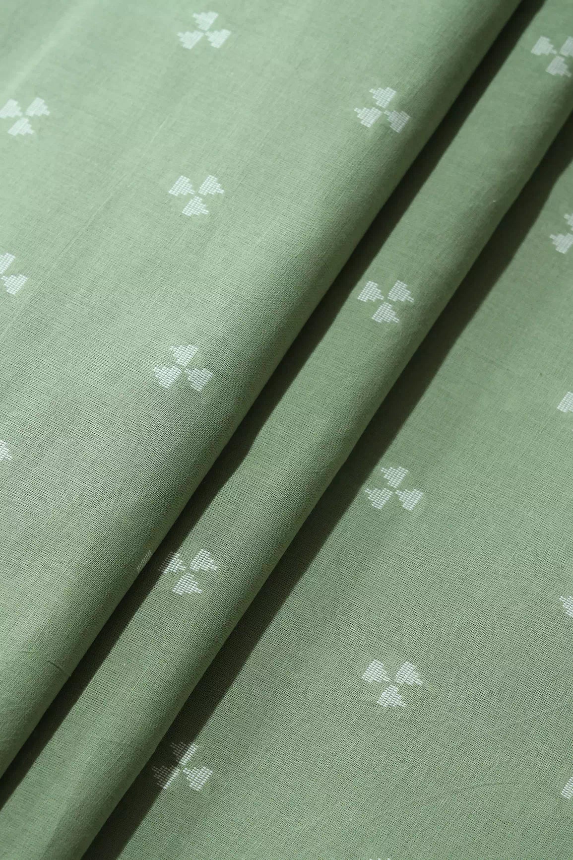 White And Olive Geometric Pattern On Handwoven Organic Cotton Fabric