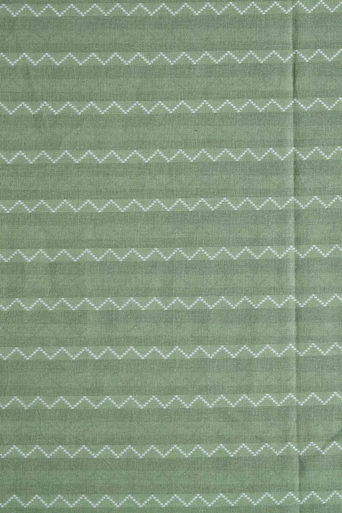 Olive And White Chevron Pattern On Handwoven Organic Cotton Fabric