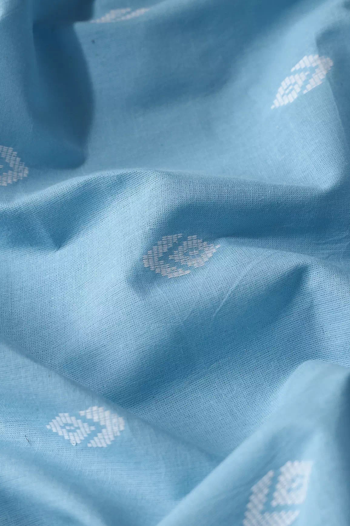 White And Sky Blue Small Booti Pattern Handwoven Organic Cotton Fabric