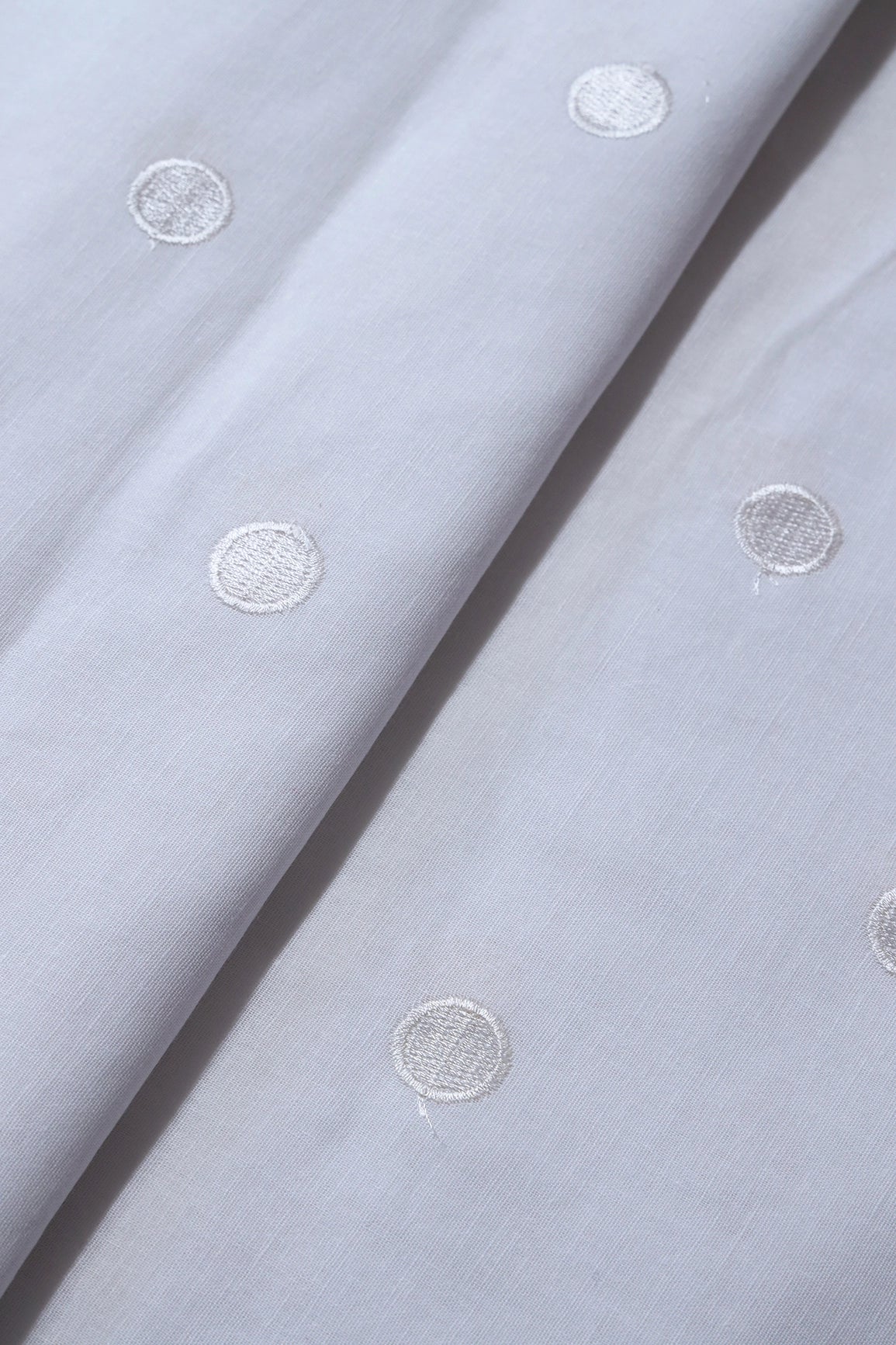 White Thread Polka Embroidery Work On White Organic Cotton Fabric