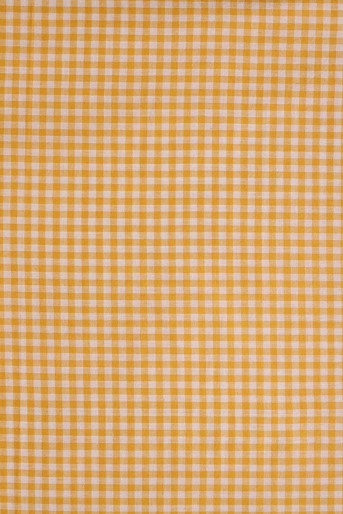 White And Yellow Small Checks Pattern On Handwoven Organic Cotton Fabric