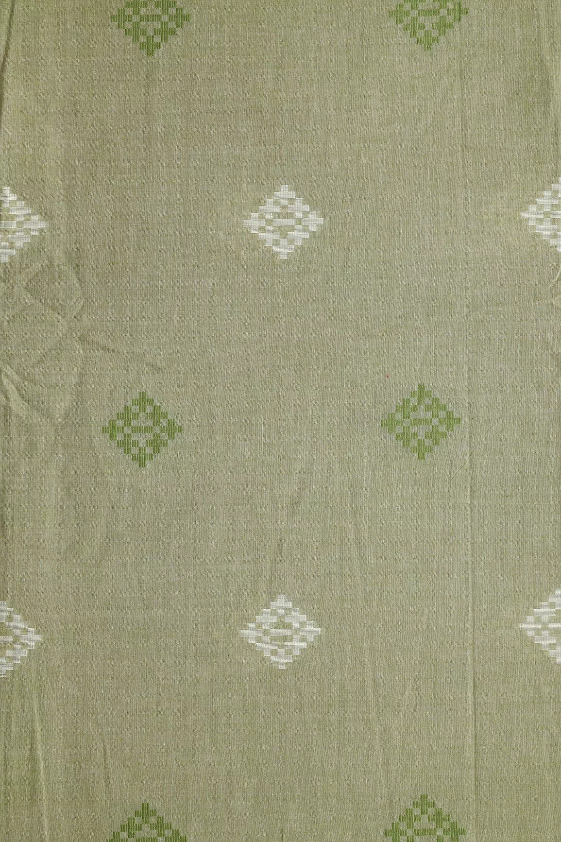 White And Olive Small Booti Pattern Handwoven Organic Cotton Fabric