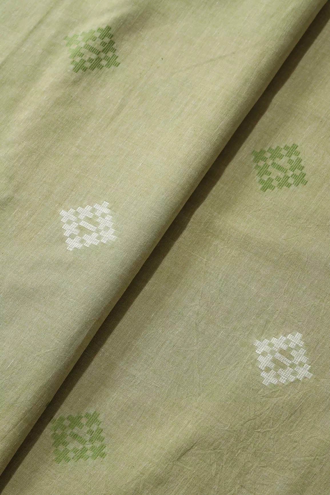 White And Olive Small Booti Pattern Handwoven Organic Cotton Fabric