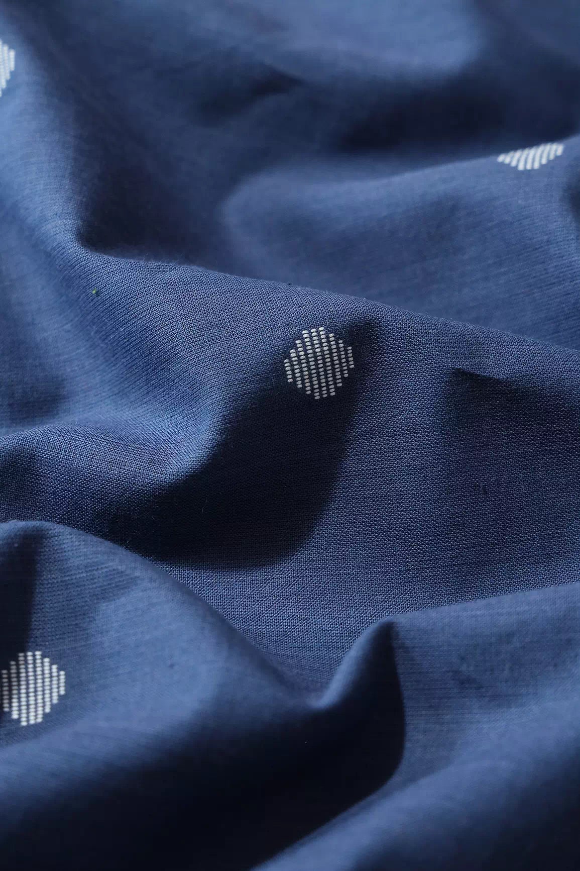 White And Blue Small Booti Pattern Handwoven Organic Cotton Fabric