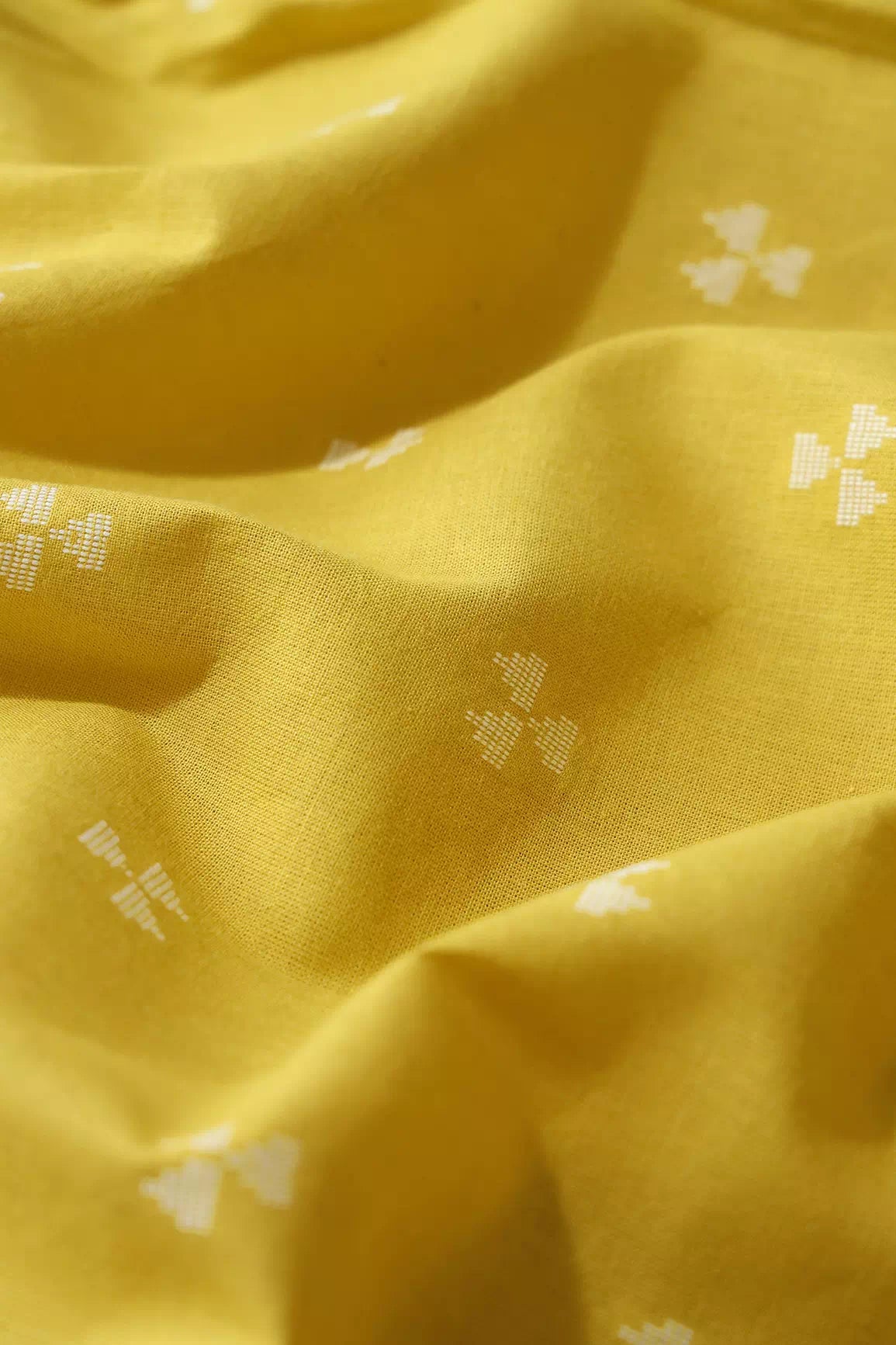 White And Lemon Yellow Geometric Pattern On Handwoven Organic Cotton Fabric