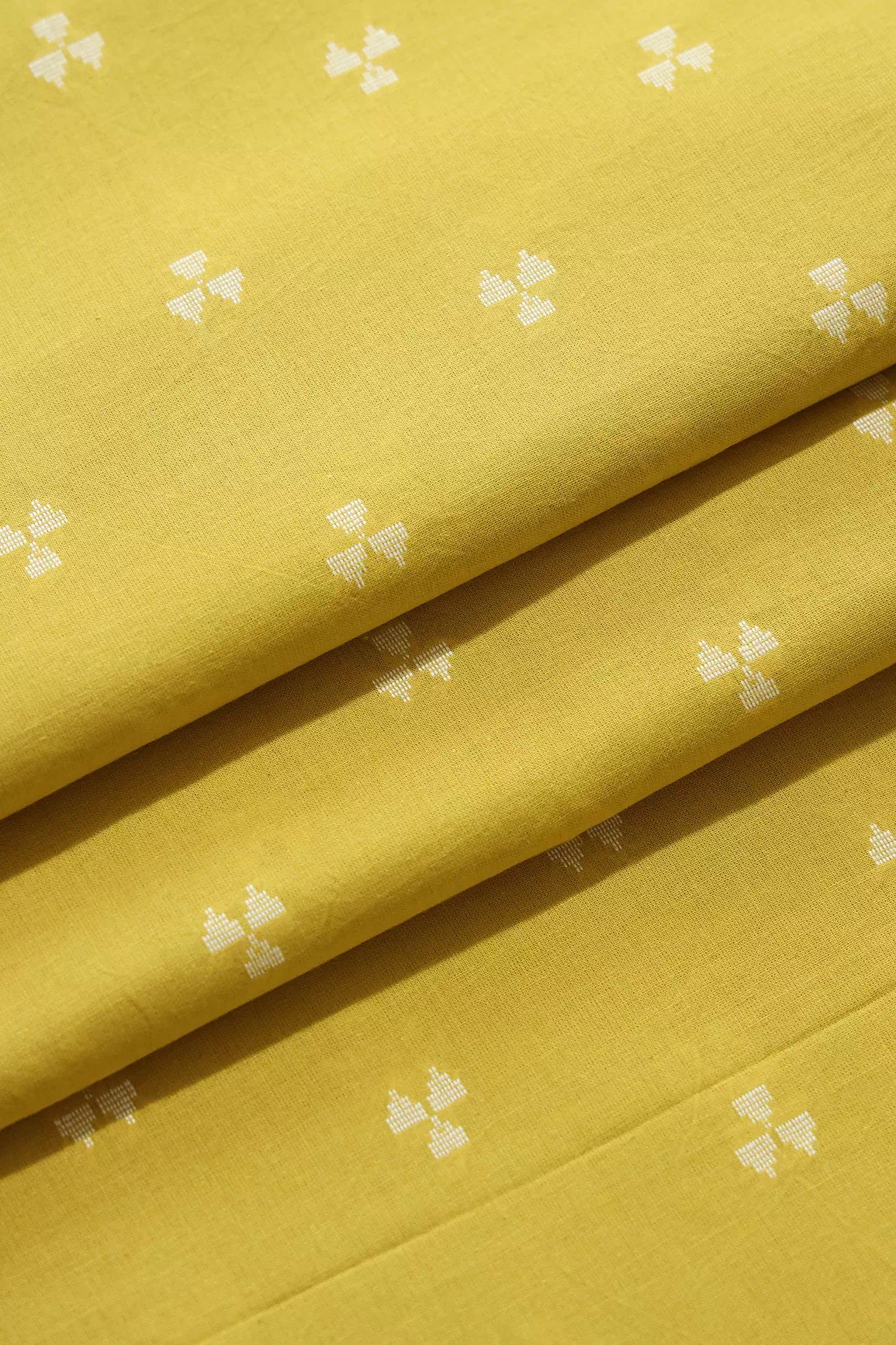 White And Lemon Yellow Geometric Pattern On Handwoven Organic Cotton Fabric