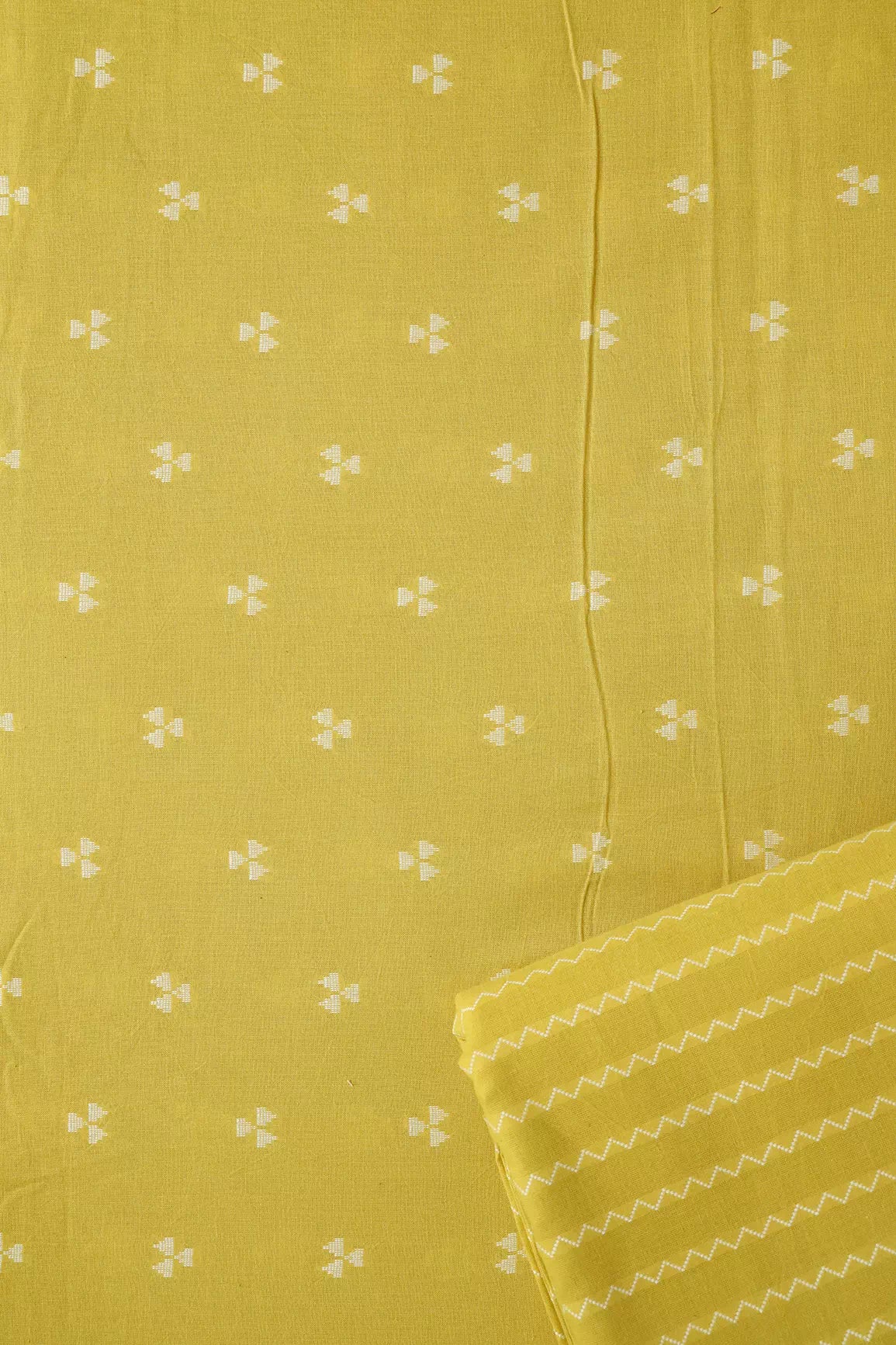 Lemon Yellow And White Handwoven Cotton Unstitched Suit Set (2 Piece)