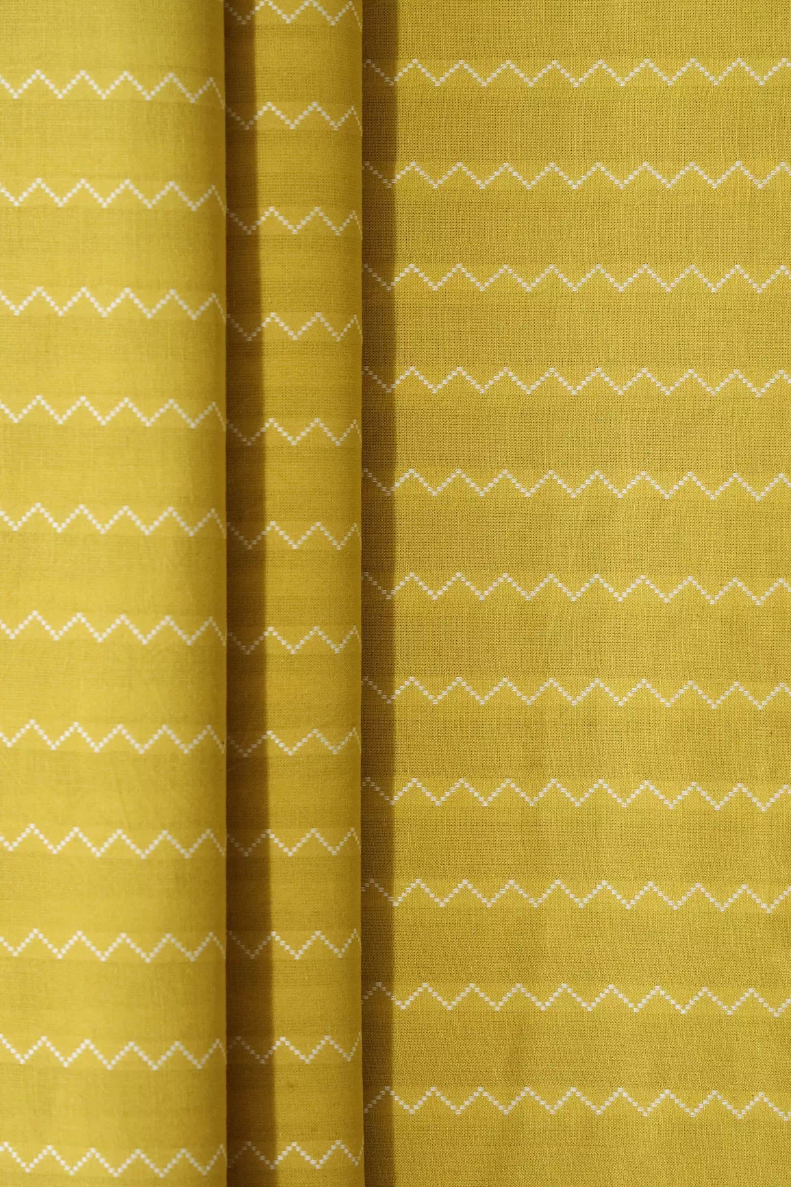 Lemon Yellow And White Chevron Pattern On Handwoven Organic Cotton Fabric