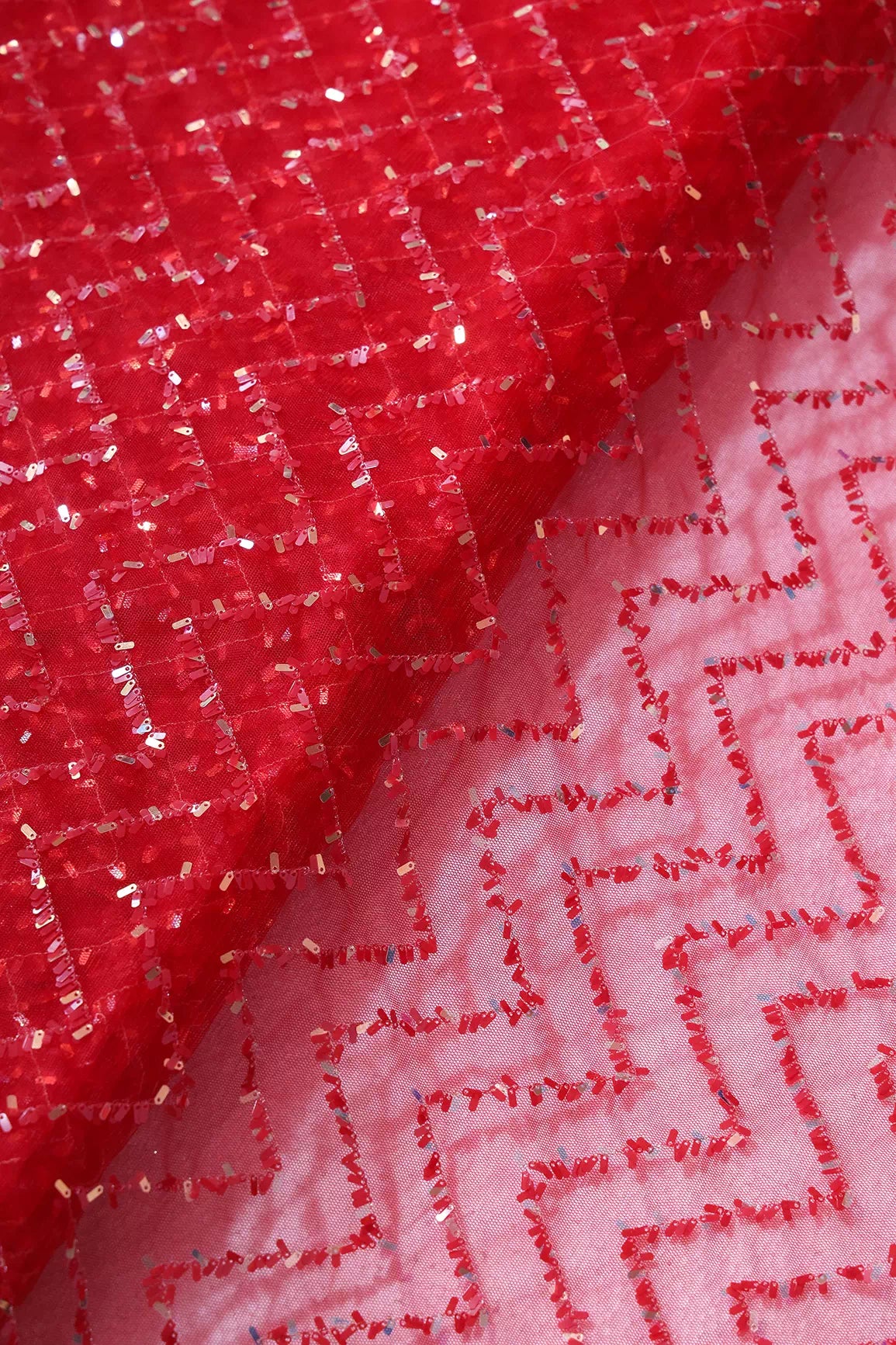 Oval Sequins Chevron Embroidery Work On Red Soft Net Fabric