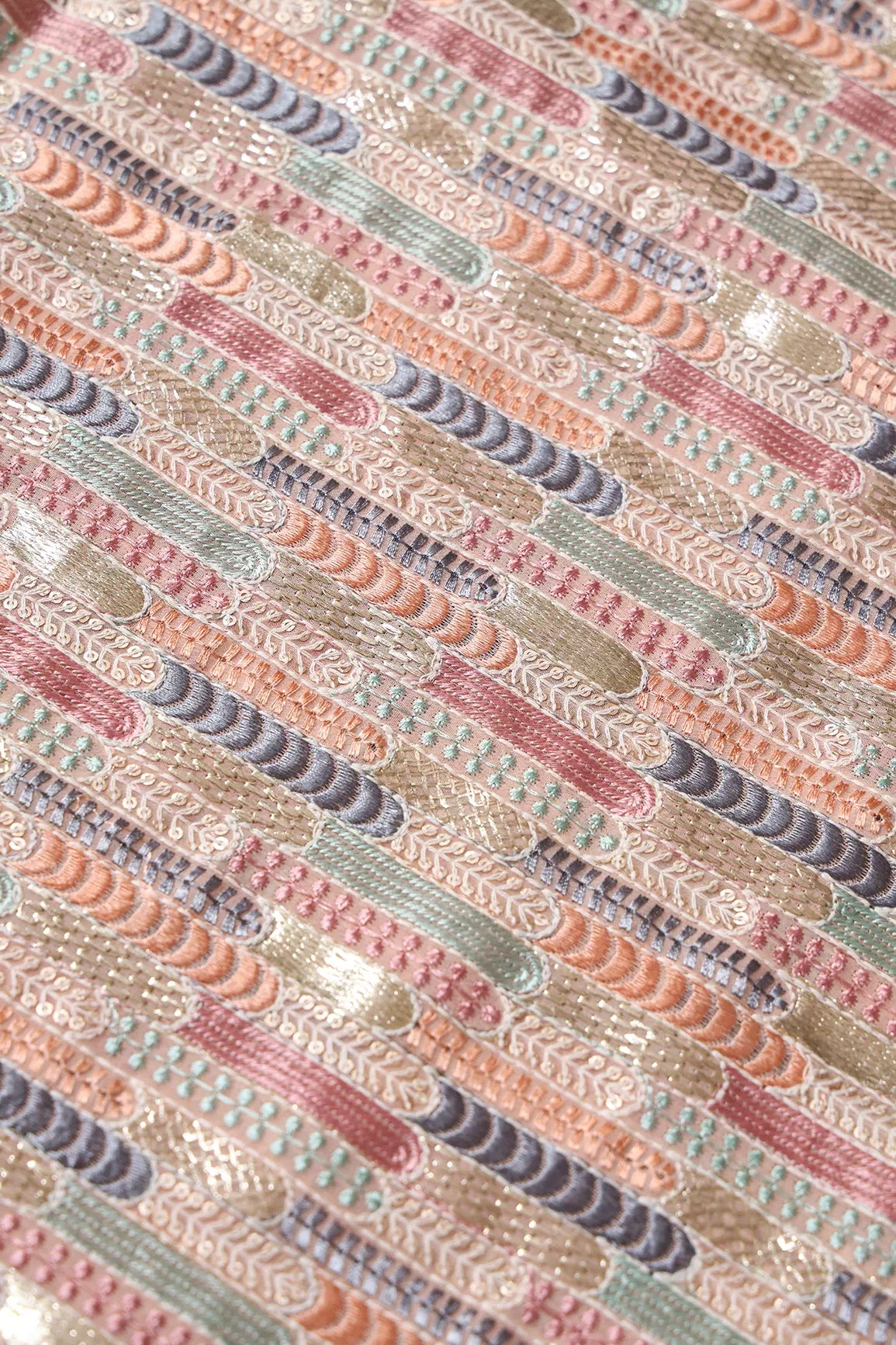 Multi Color Pastel Thread With Sequins Geometric Embroidery Work On Peach Georgette Fabric