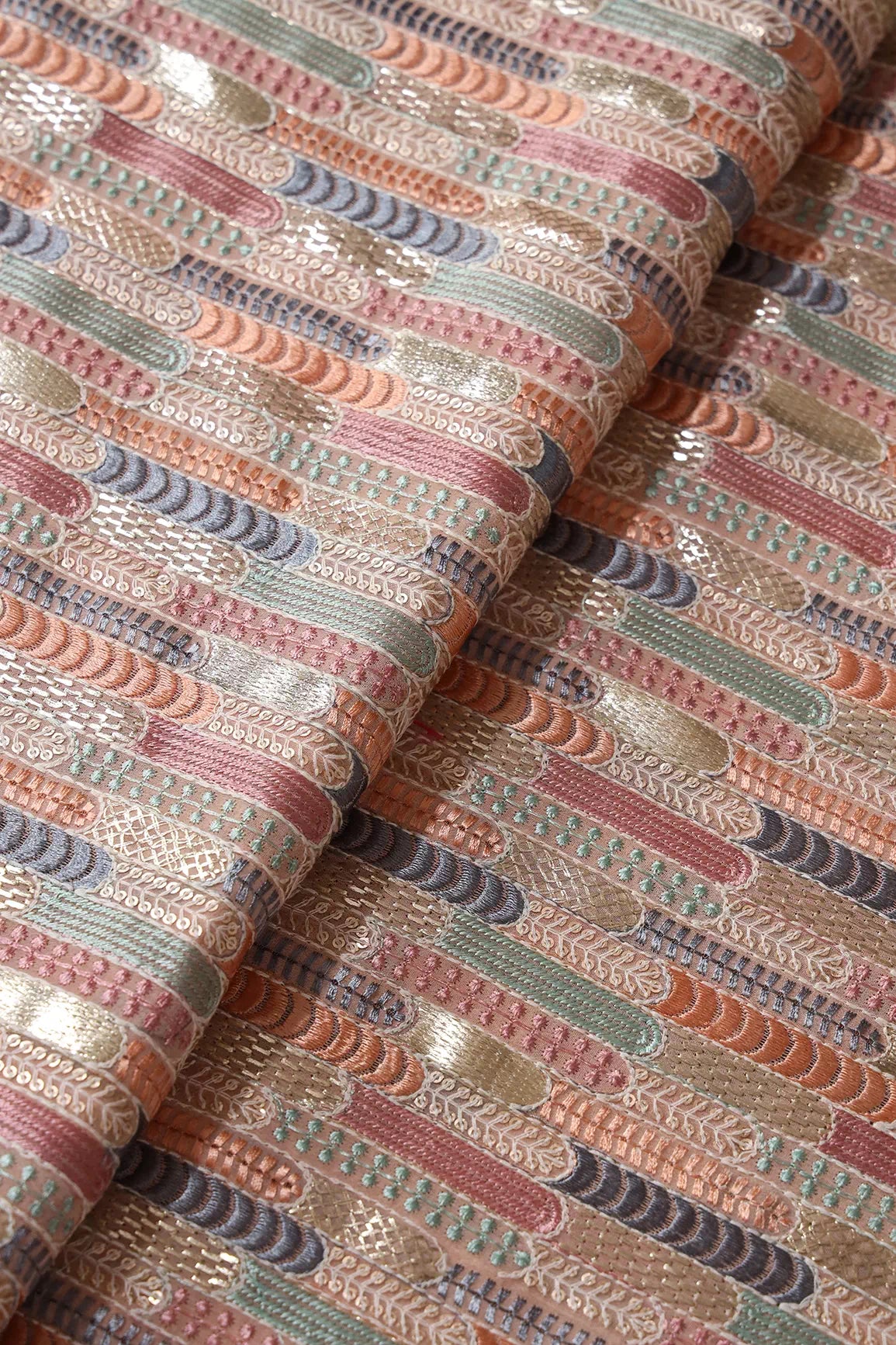 Multi Color Pastel Thread With Sequins Geometric Embroidery Work On Peach Georgette Fabric