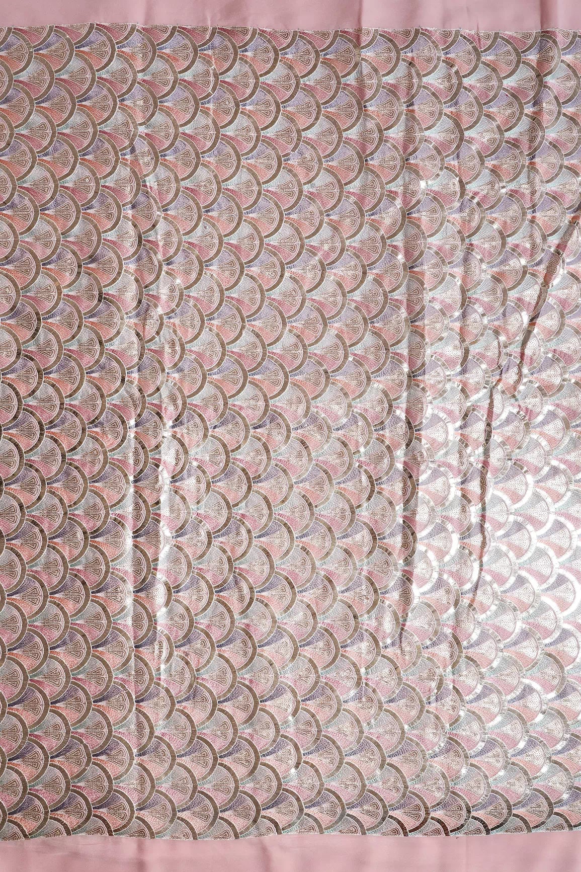 Multi Color Pastel Thread With Sequins Ogee Embroidery Work On Light Pink Georgette Fabric