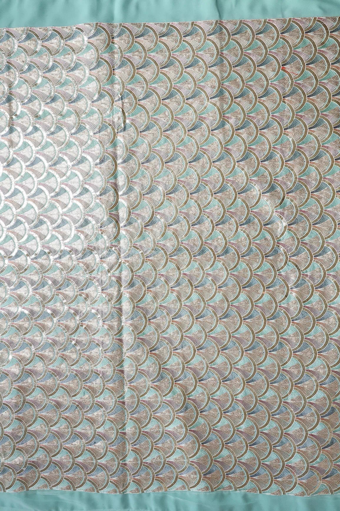 Multi Color Pastel Thread With Sequins Ogee Embroidery Work On Light Teal Georgette Fabric