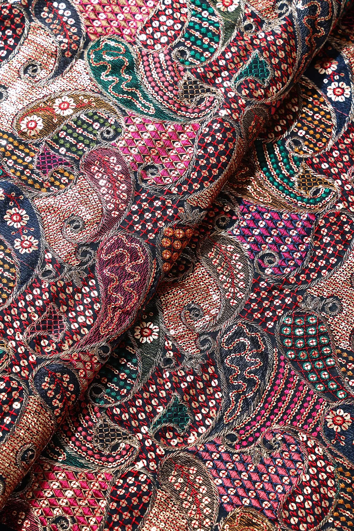 Gorgeous Multi Thread With Gold Sequins Paisley Heavy Embroidery On Prussian Blue Georgette Fabric
