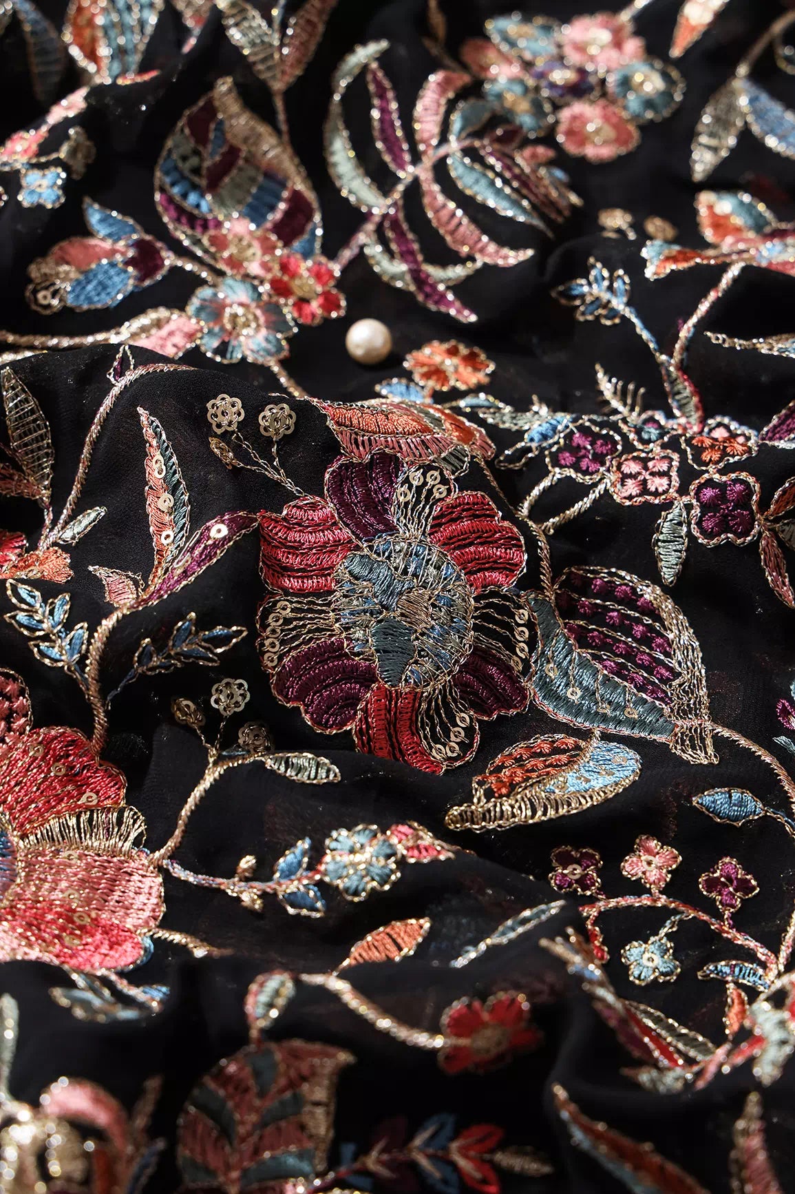 Exclusive Floral Heavy Embroidery With Gold Sequins On Black Georgette Fabric