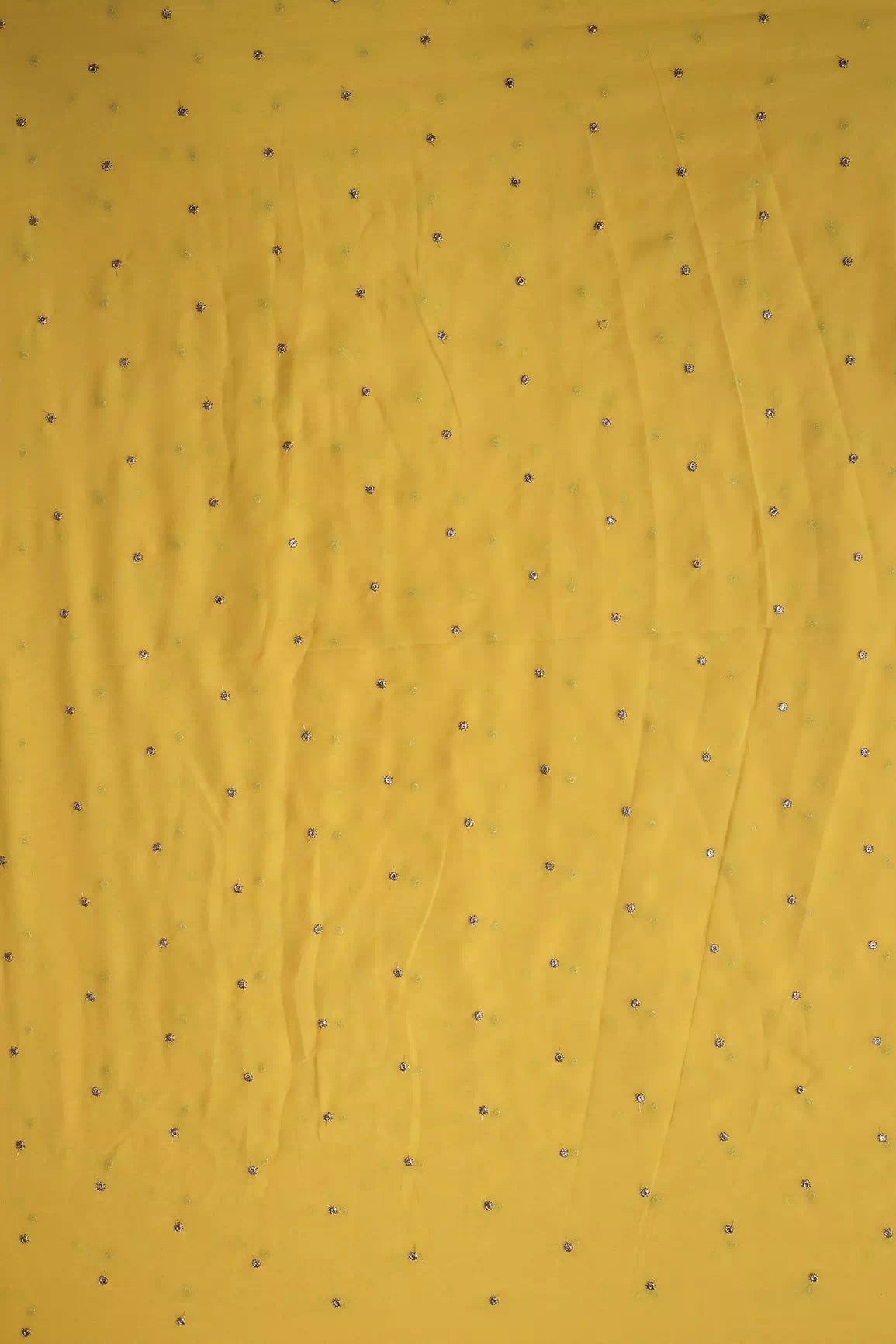 Gold Sequins With Gold Zari Small Motif Embroidery Work On Yellow Georgette Fabric