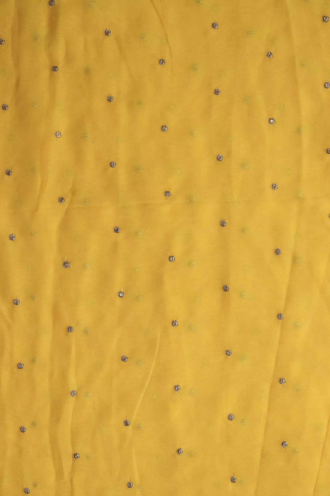 Gold Sequins With Gold Zari Small Motif Embroidery Work On Yellow Georgette Fabric