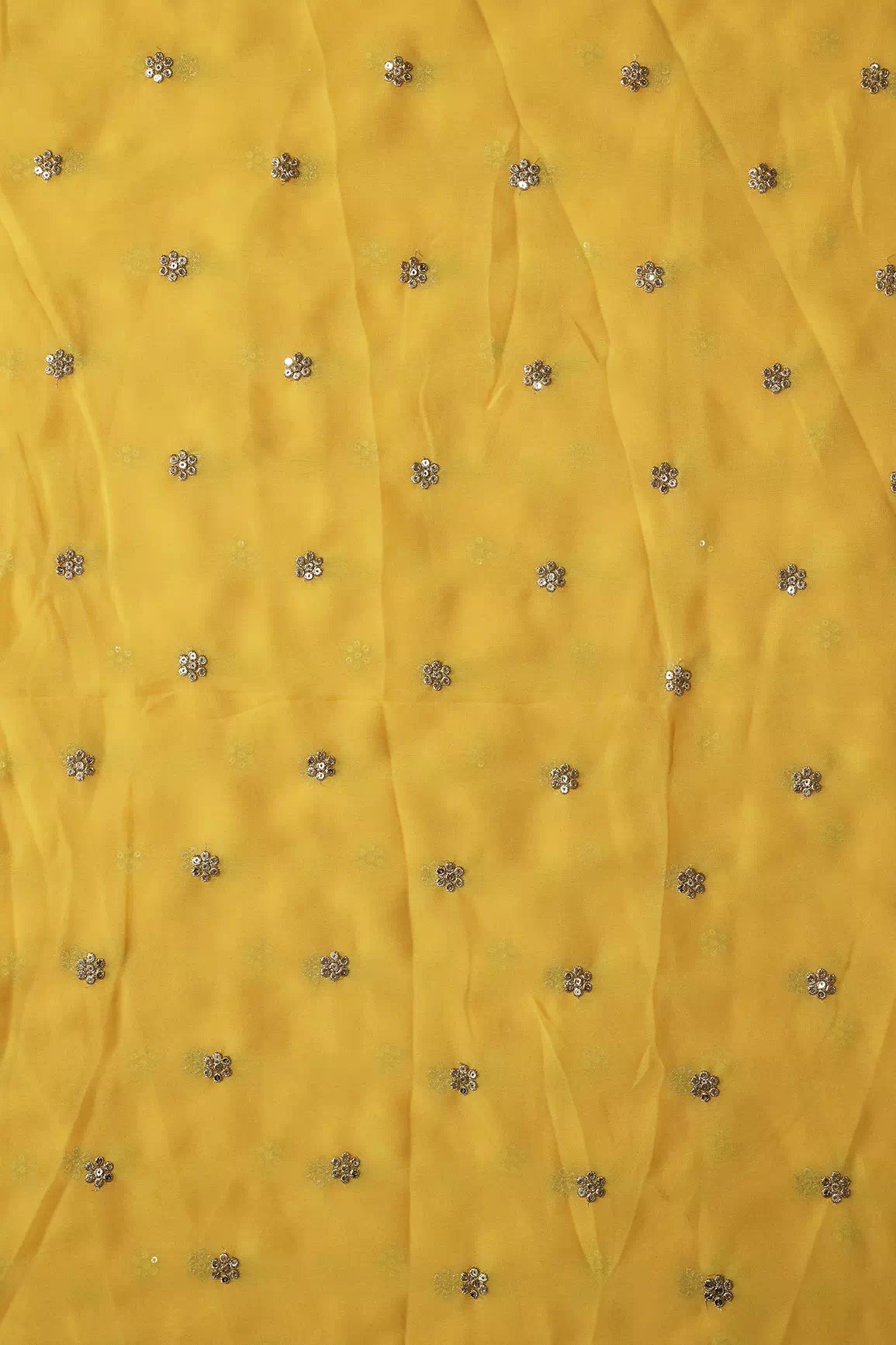 Gold Sequins With Gold Zari Small Motif Embroidery Work On Yellow Viscose Georgette Fabric