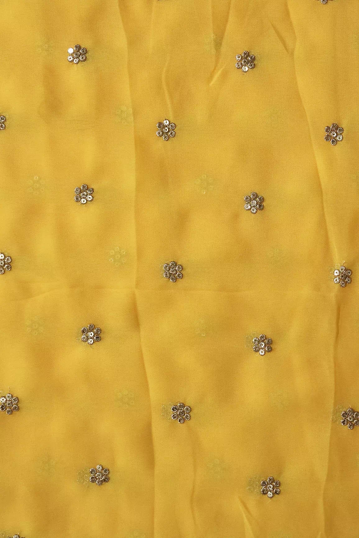 Gold Sequins With Gold Zari Small Motif Embroidery Work On Yellow Viscose Georgette Fabric
