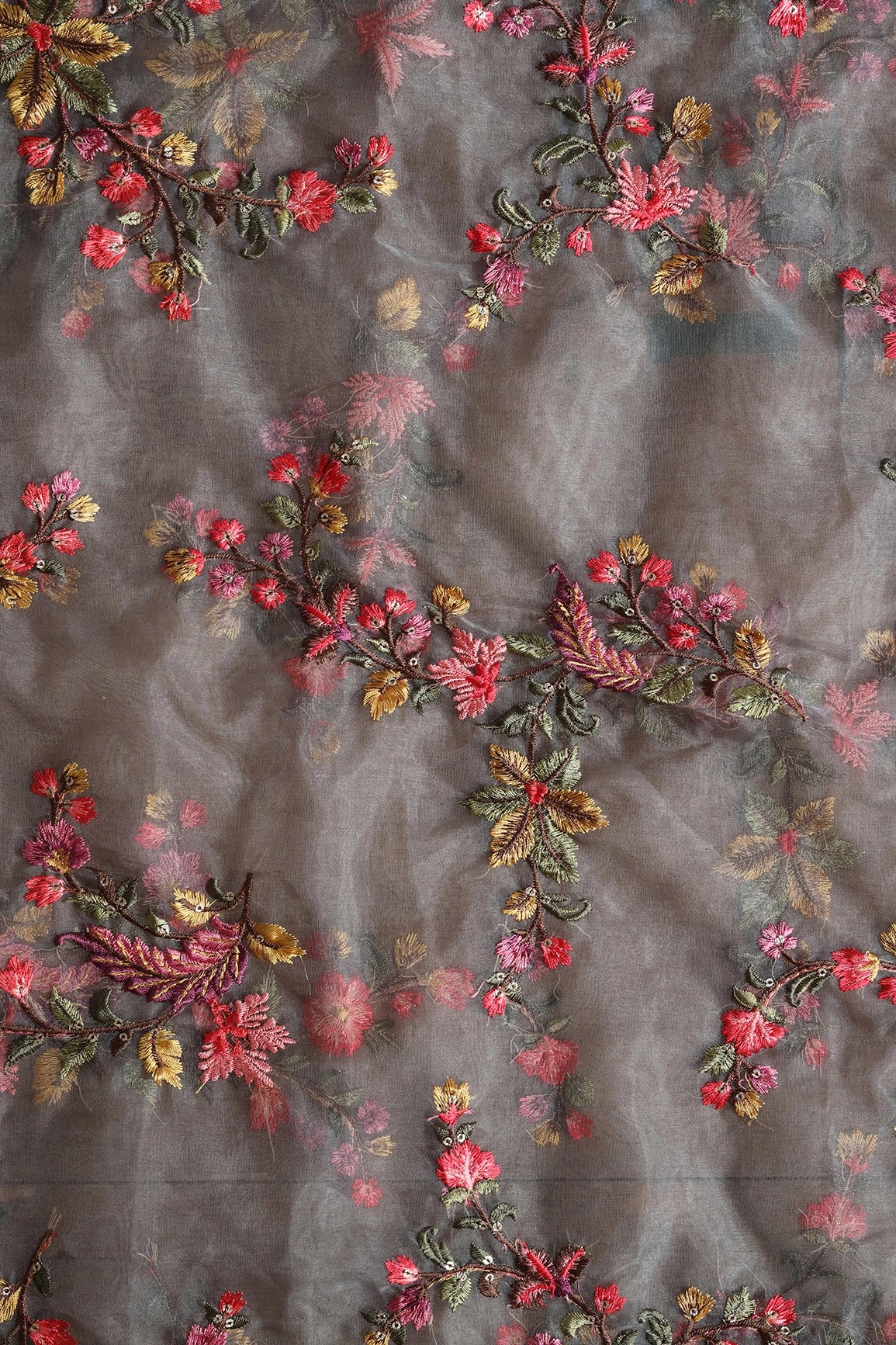 1.70 Meter Cut Piece Of Multi Color Thread Floral Embroidery On Grey Organza Fabric