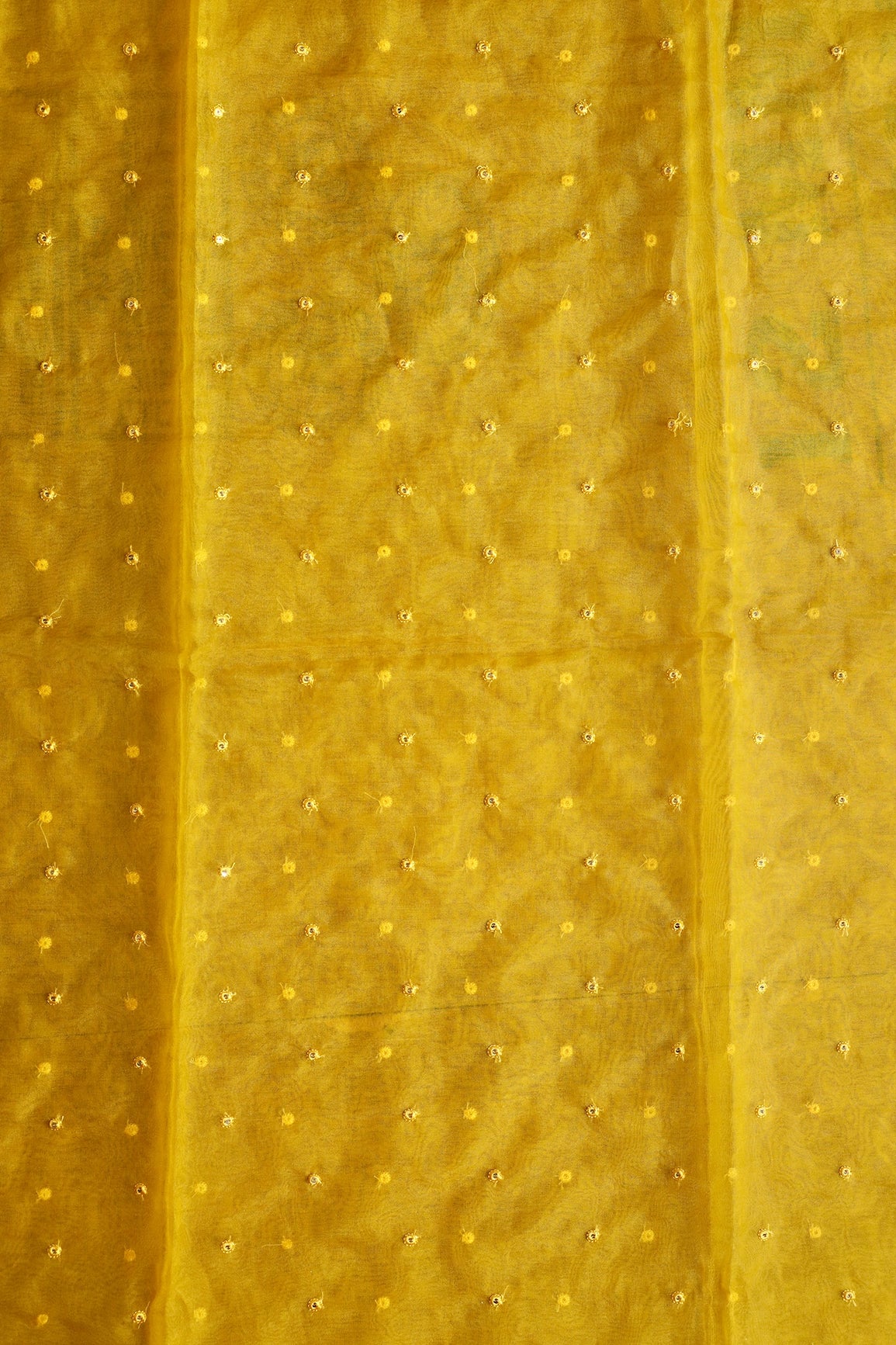 1.50 Meter Cut Piece Of Yellow Thread With Gold Sequins Small Motif Embroidery On Yellow Organza Fabric