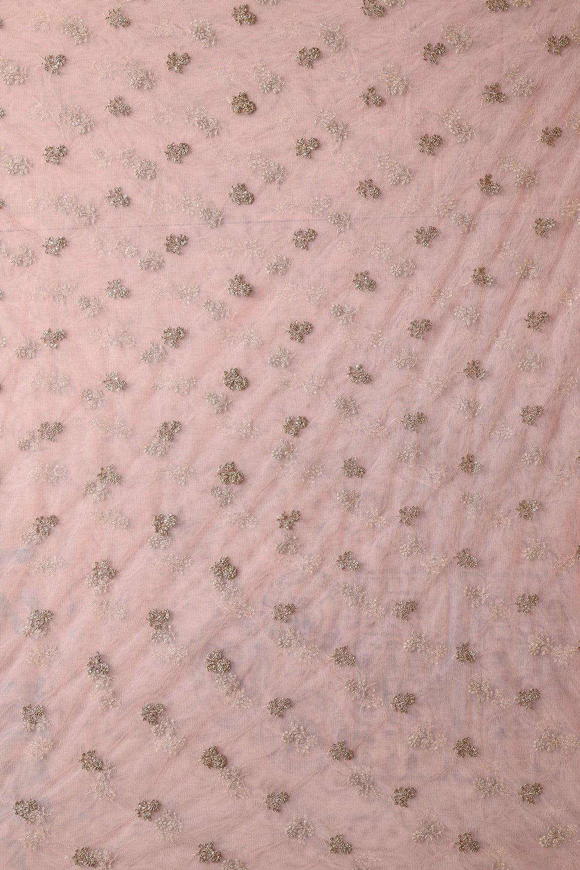 3.75 Meter Cut Piece Of Small Gold Sequins With Gold Zari Small Floral Embroidery On Peach Soft Net Fabric