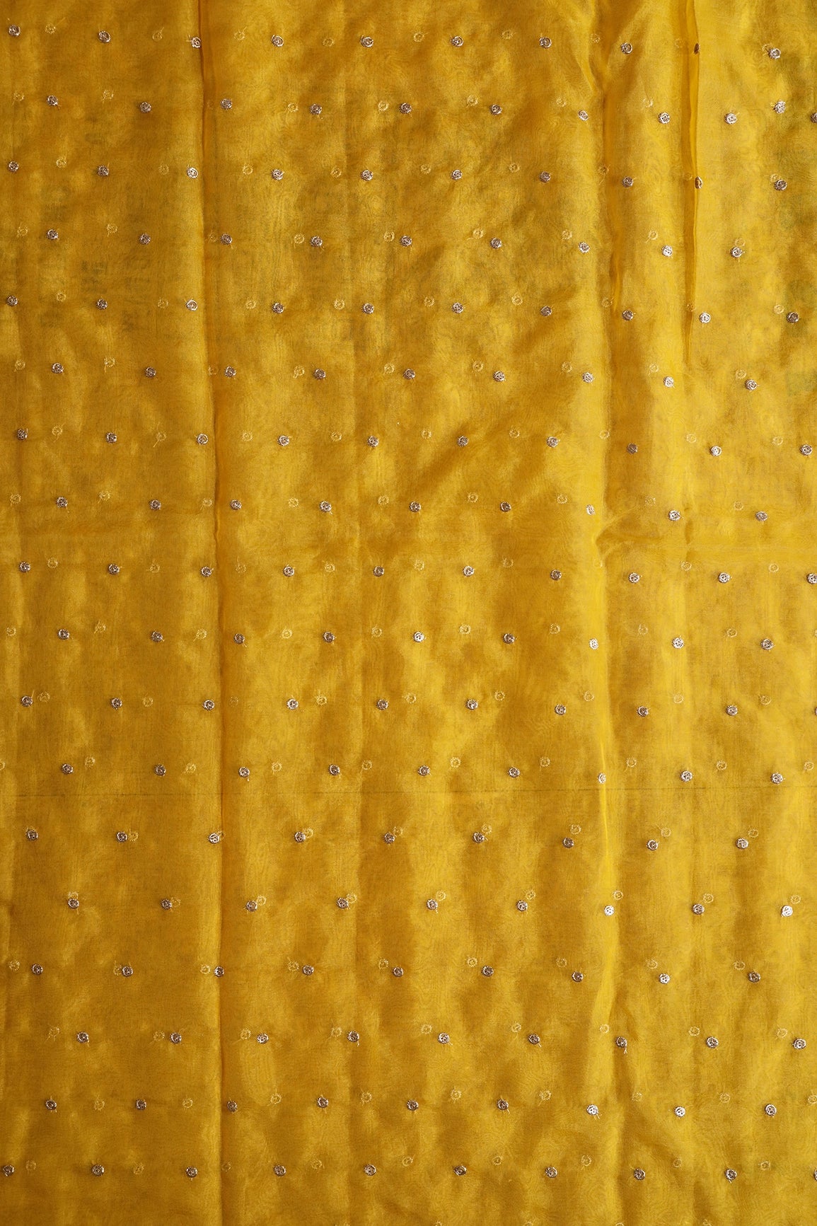2 Meter Cut Piece Of Gold Zari With Gold Sequins Small Motif Embroidery On Yellow Organza Fabric
