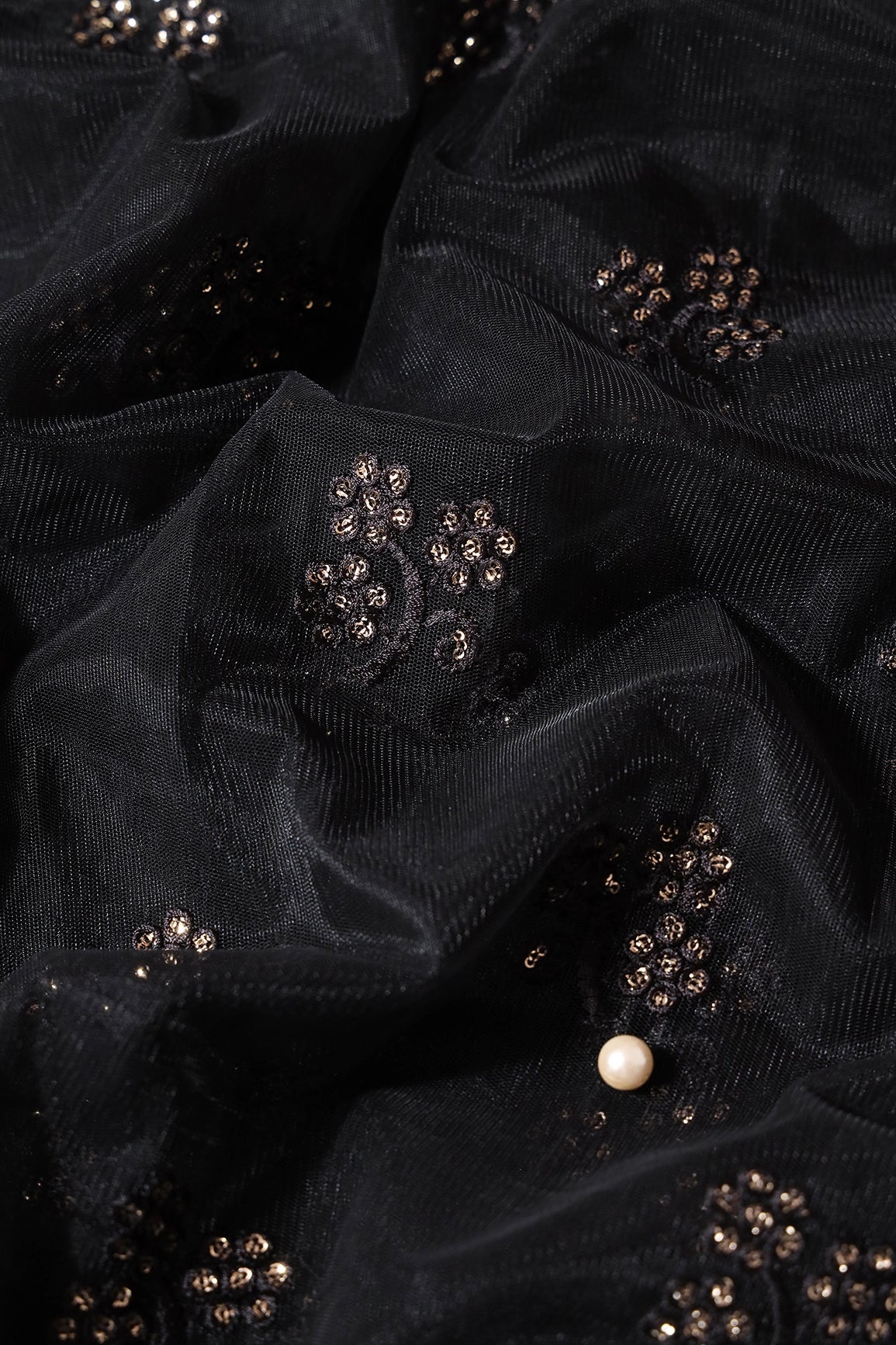 2.50 Meter Cut Piece Of Black Thread With Gold Sequins Floral Embroidery On Black Soft Net Fabric