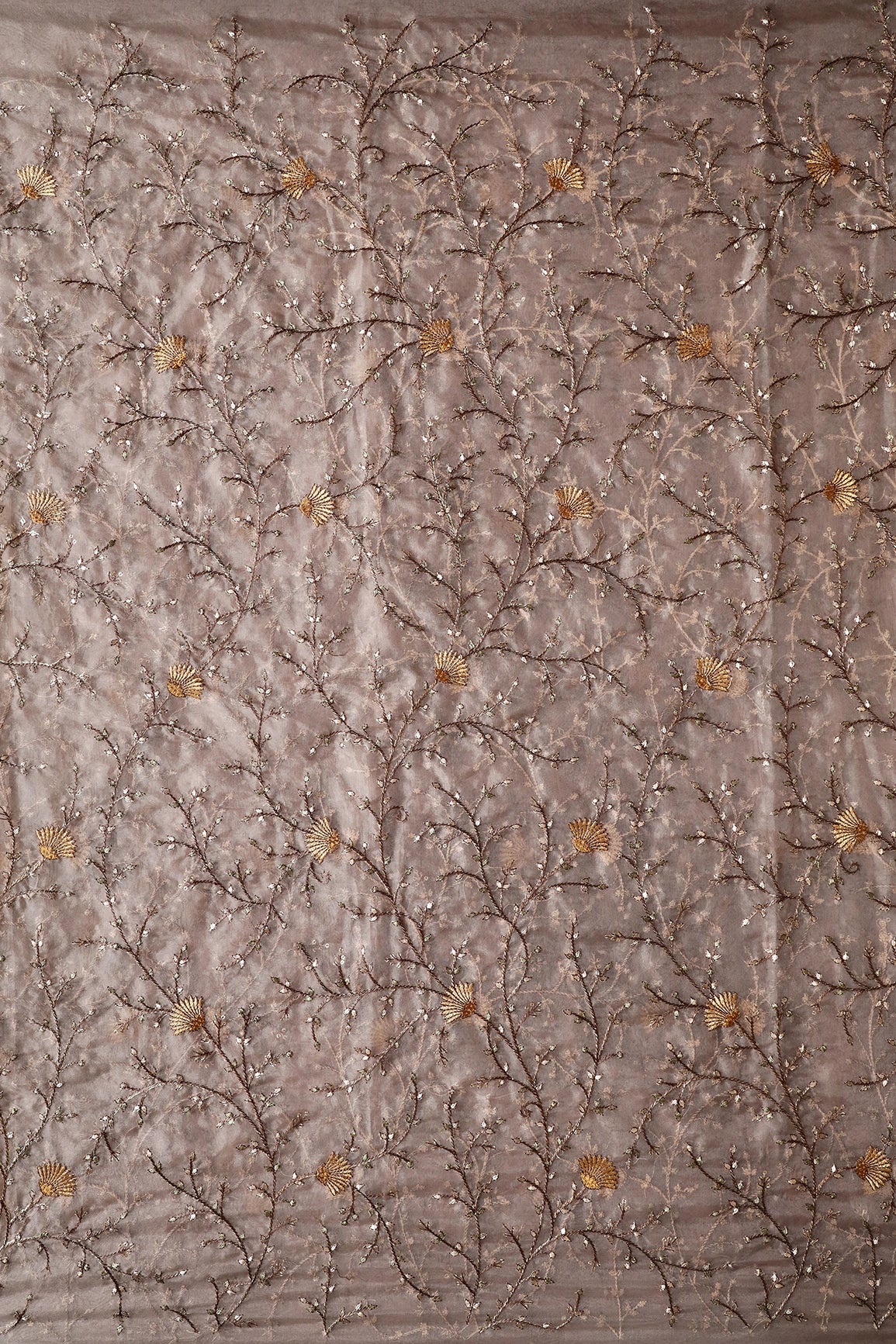 1 Meter Cut Piece Of Brown And Cream Thread With Gold Sequins Leafy Embroidery On Light Brown Organza Fabric