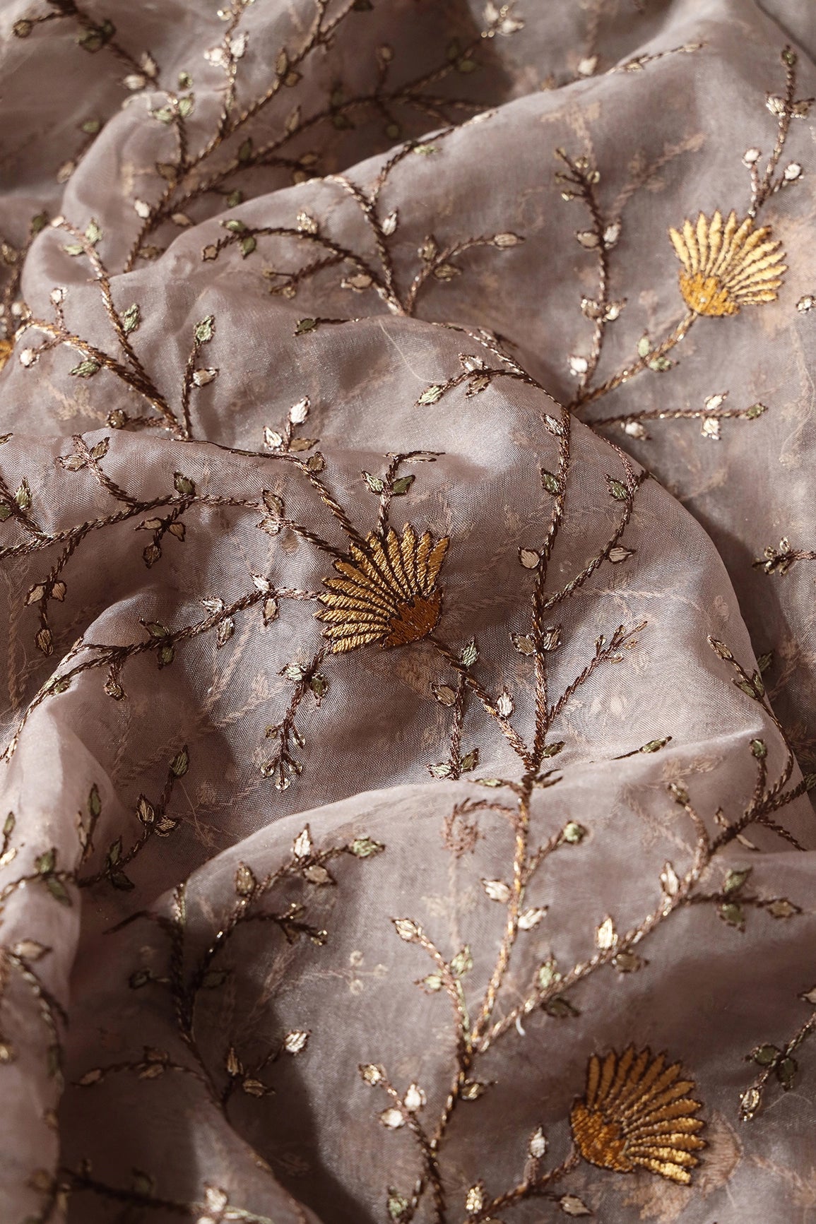 3.25 Meter Cut Piece Of Brown And Cream Thread With Gold Sequins Leafy Embroidery On Light Brown Organza Fabric