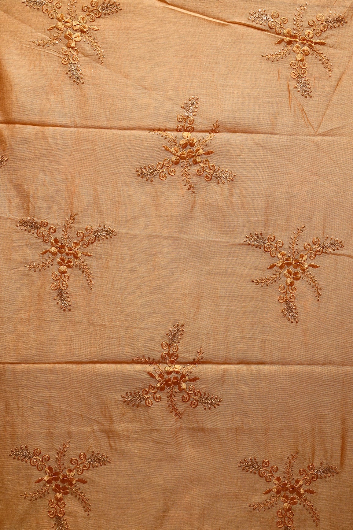 1.25 Meter Cut Piece Of Orange Thread With Gold Sequins Floral Embroidery On Orange Chanderi Fabric