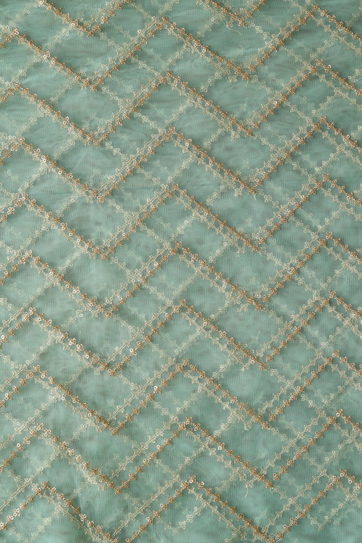2 Meter Cut Piece Of Gold Sequins Chevron Embroidery On Teal Soft Net Fabric