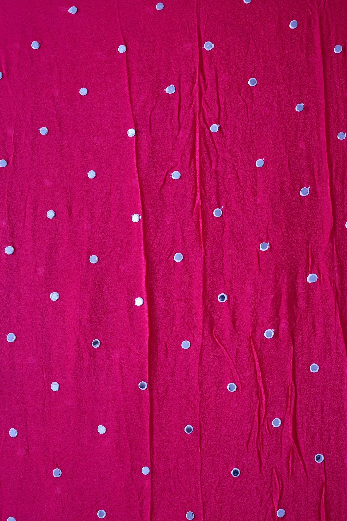 1 Meter Cut Piece Of Real Mirror Embroidery Work On Fuchsia Viscose Chinnon Chiffon Fabric