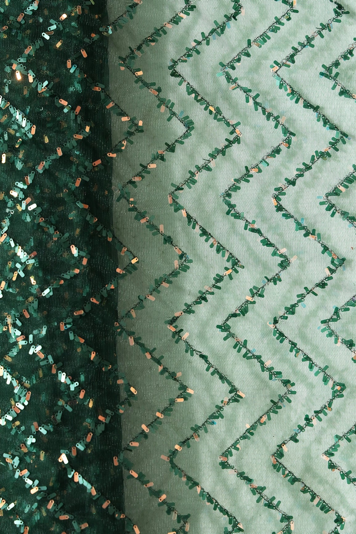 Oval Sequins Chevron Embroidery Work On Bottle Green Soft Net Fabric