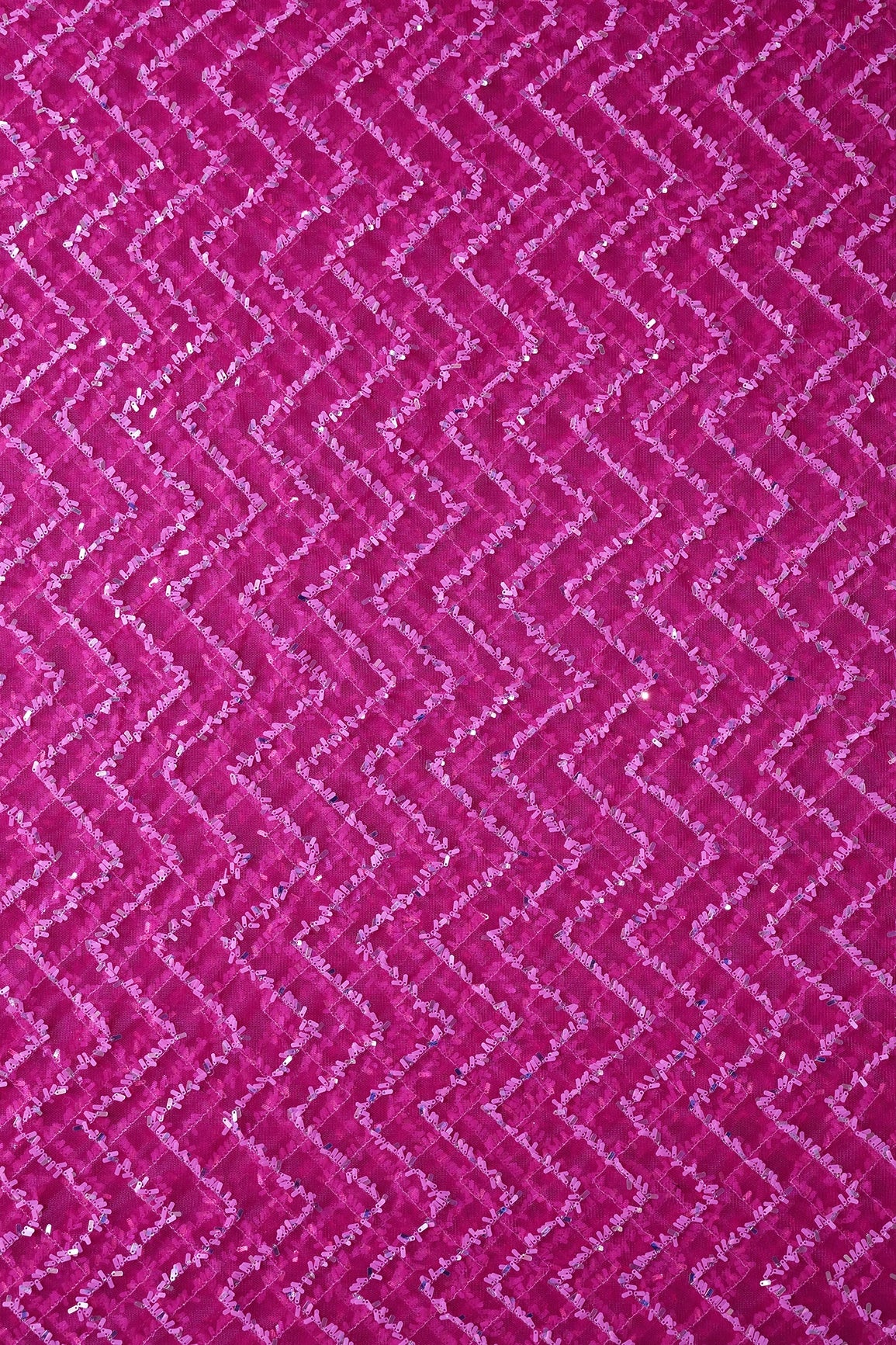 Oval Sequins Chevron Embroidery Work On Fuchsia Soft Net Fabric