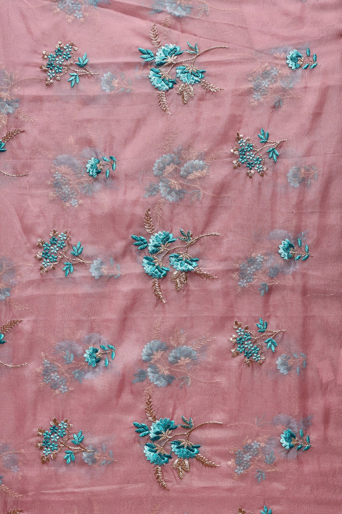 2 Meter Cut Piece Of Teal Thread With Gold Zari Floral Embroidery On Pink Organza Fabric