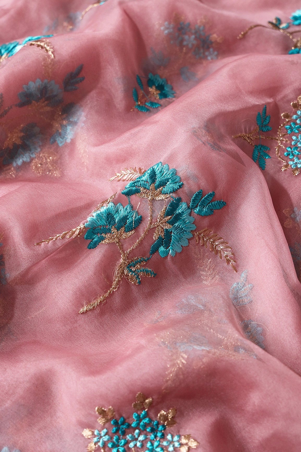 2 Meter Cut Piece Of Teal Thread With Gold Zari Floral Embroidery On Pink Organza Fabric