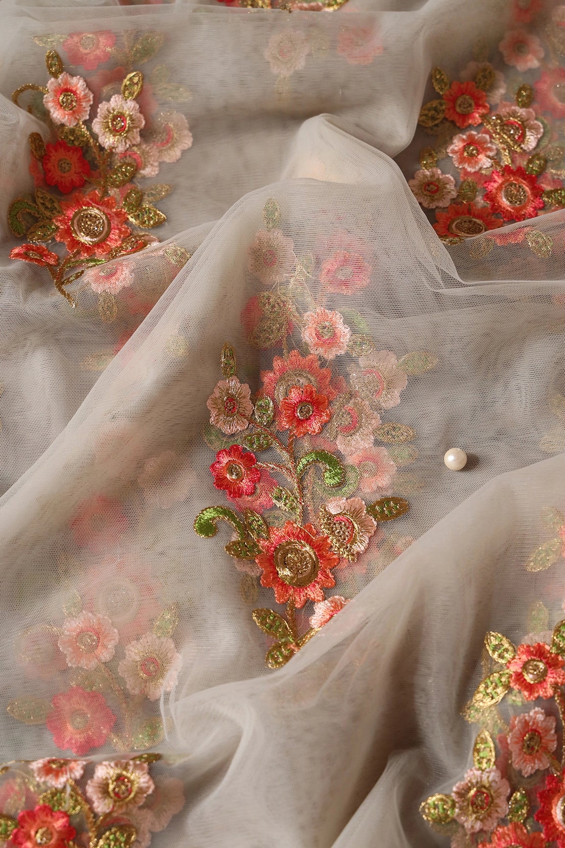 5.25 Meter Cut Piece Of Peach And Olive Thread With Sequins Floral Embroidery On Dusty Olive Soft Net Fabric