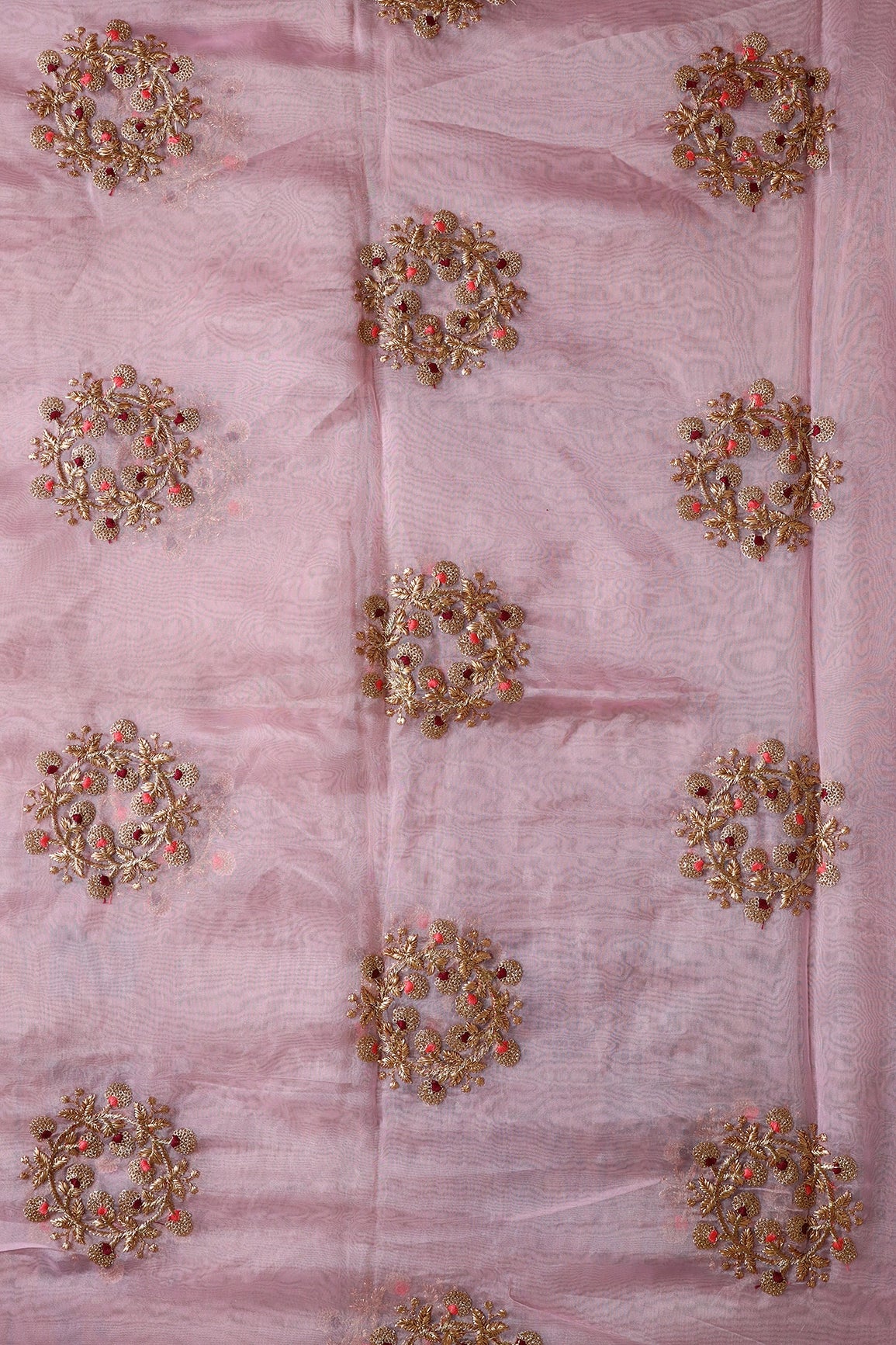 2.25 Meter Cut Piece Of Gold Zari With Gold Sequins Floral Butta Embroidery On Baby Pink Tissue Fabric