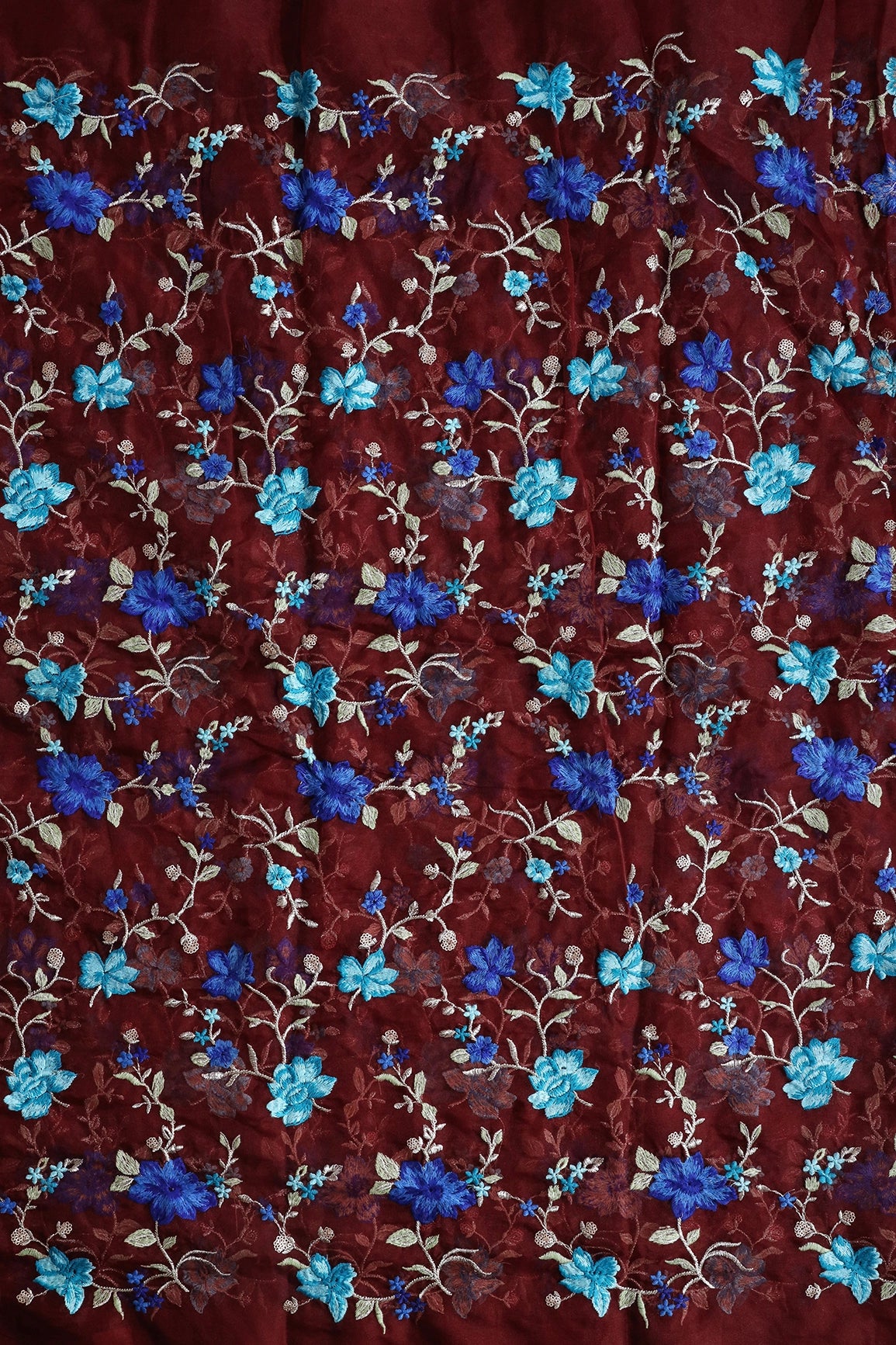 4 Meter Cut Piece Of Royal Blue And Teal Thread With Gold Zari Floral Embroidery On Maroon Organza Fabric