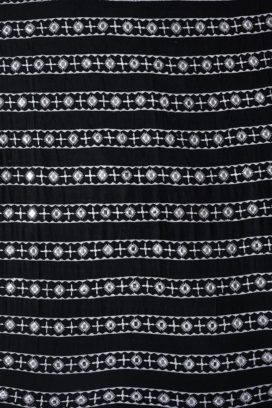 3.25 Meter Cut Piece Of White Thread With Faux Mirror Stripes Embroidery On Black Rayon Fabric