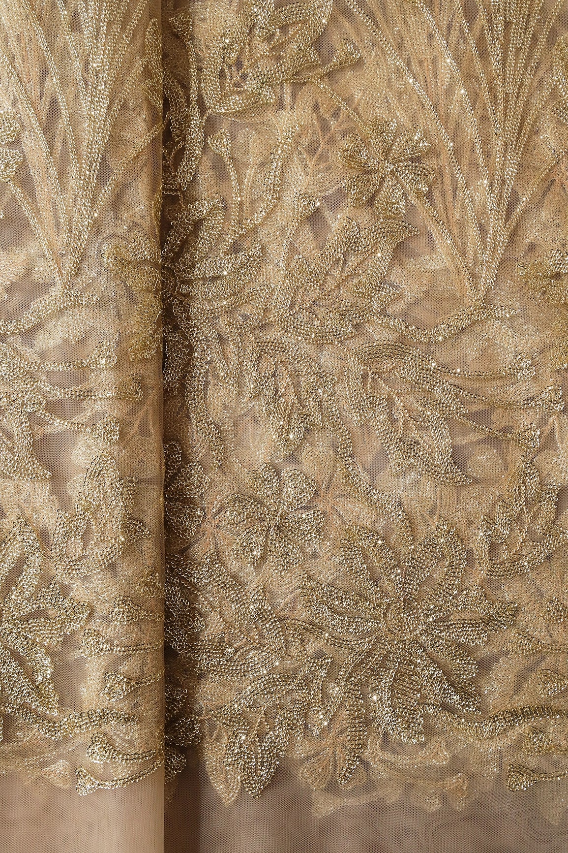 4.75 Meter Cut Piece Of Small Gold Sequins Heavy Floral Embroidery On Beige Soft Net Fabric